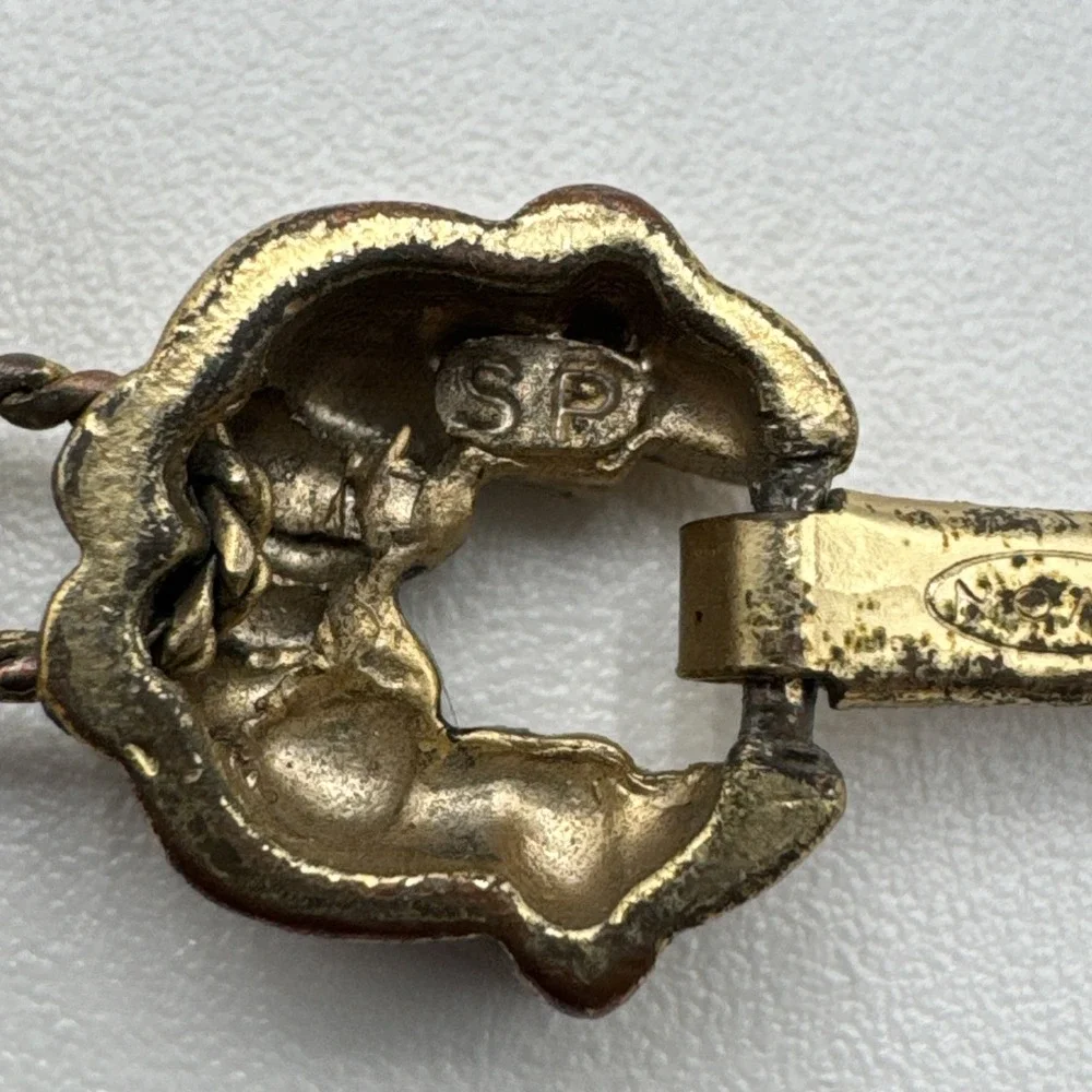 Vintage Avon Gold Tone Sliding Cat Charm Bracelet Rhinestone Red Heart Marked SP